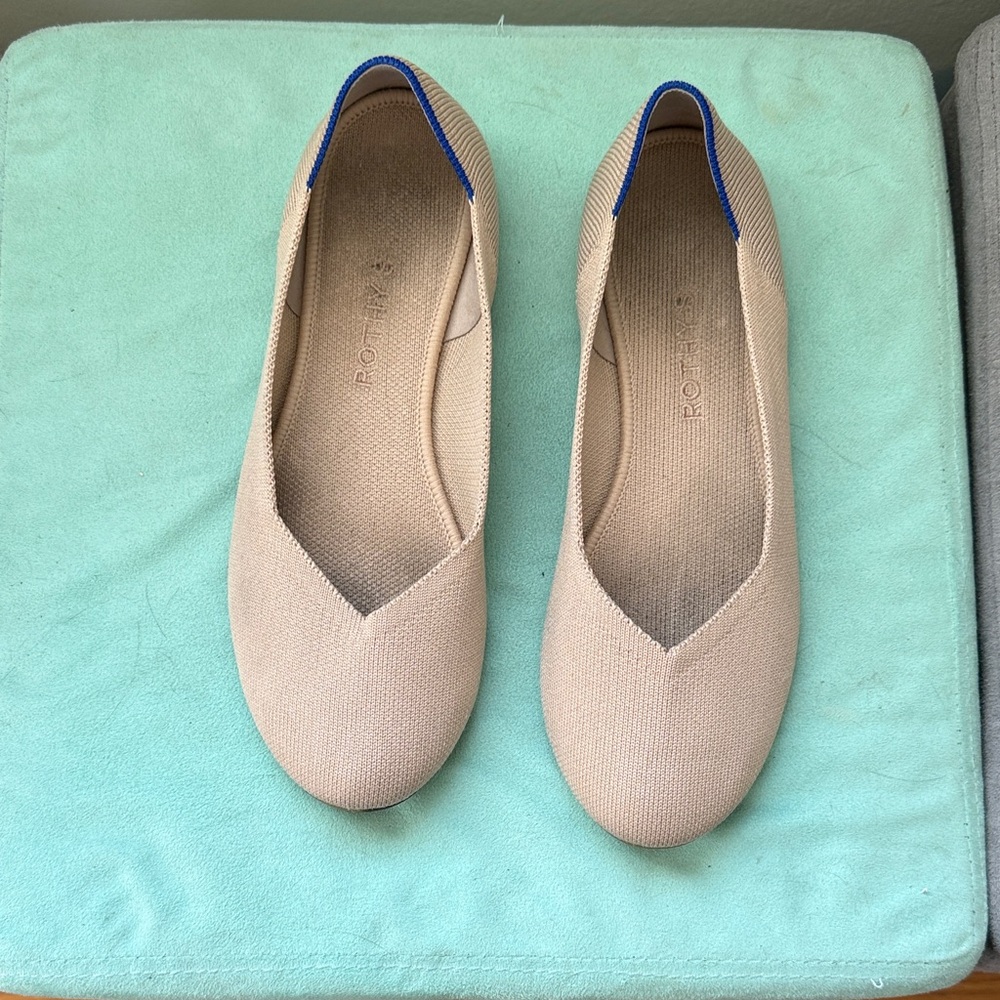 Rothy's Ecru (Tan) and Blue Trim Flats